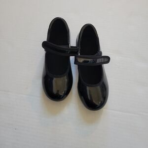 Black Patent Kids Mary Jane Tap Dance Shoes With Hook and Loop Straps Size 10C